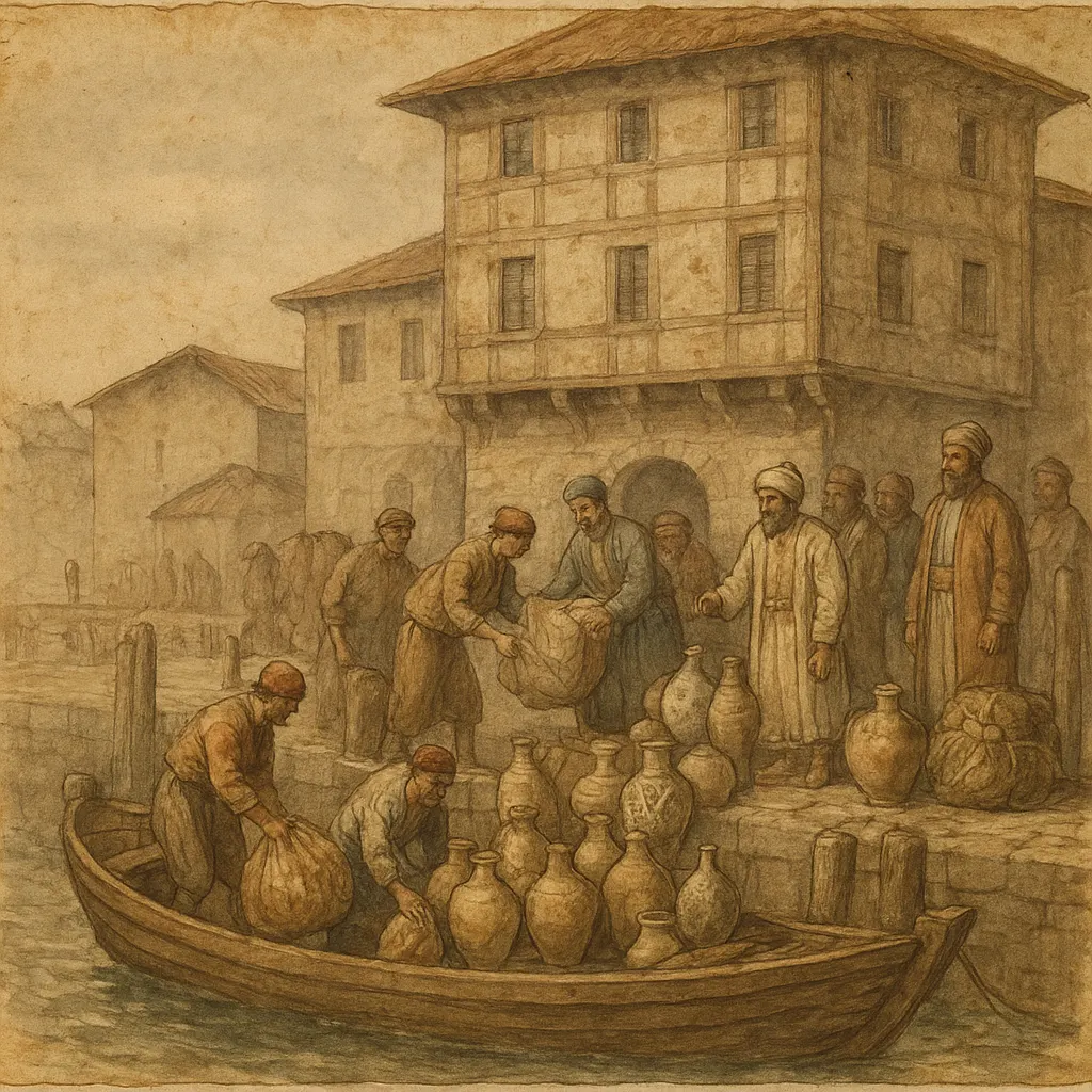 Levantine merchant quarter at the Venetian waterfront, with kharuf and spice imports being unloaded, early 18th century. Watercolour and ink on paper.