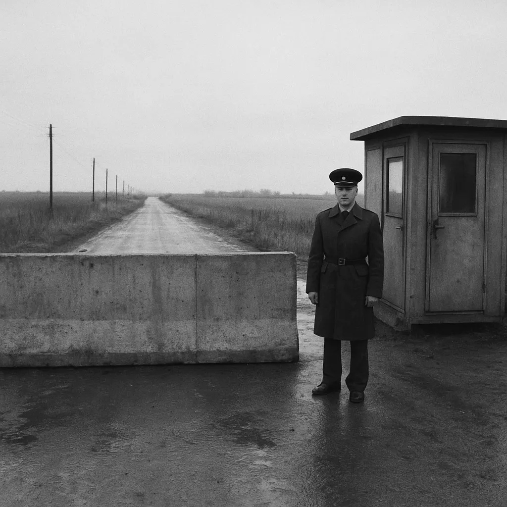 A border checkpoint between two former Soviet territories, with concrete barriers and a metal guardhouse, 1996.