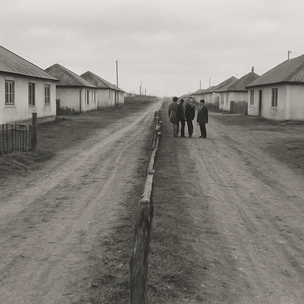A border line between administrative jurisdictions in a disputed region, marked informally, 1993. Photograph by documentary press photographer.