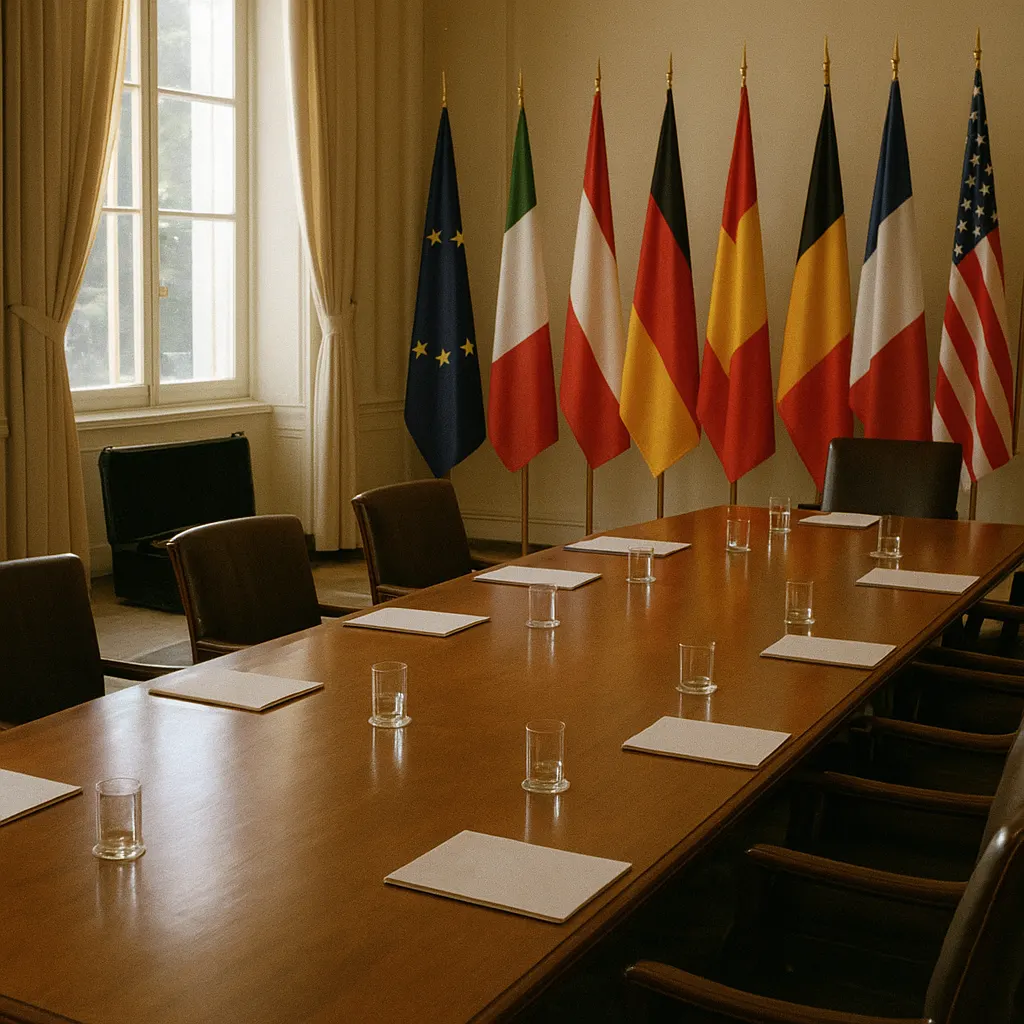 Vienna Monitoring Office conference room during diplomatic session, 1993. The flags represent the Union and departed republics present for mediation.