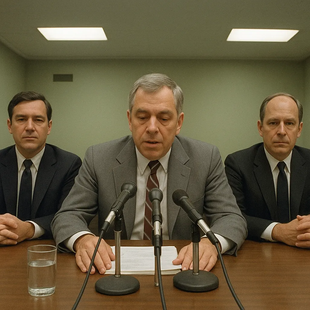 A government official at a press briefing during the early 2000s, addressing matters of Union economic policy. Colour photograph, 2003.