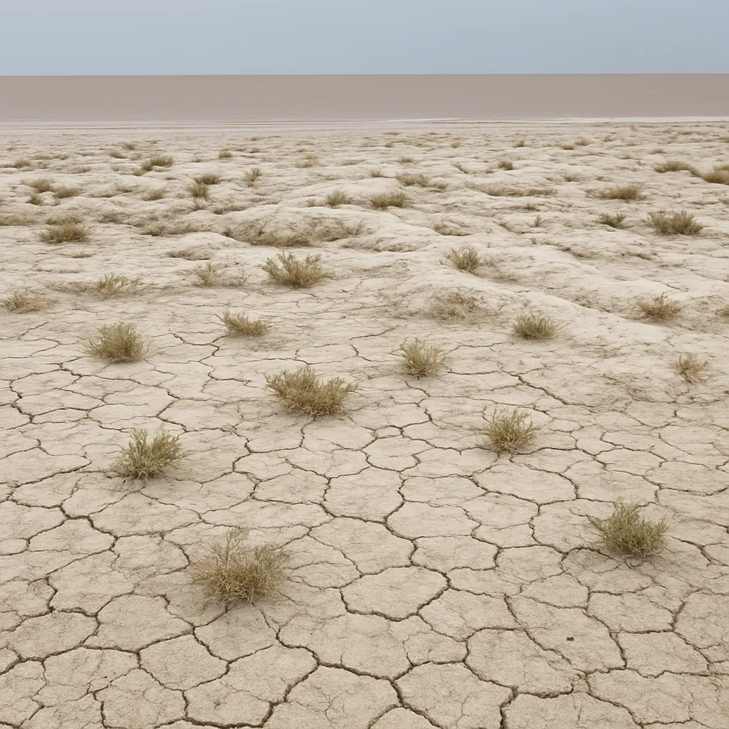 Desiccated seabed of the Aral Sea region, showing the scale of water loss in the former fishing zone, central Asia, 2018.