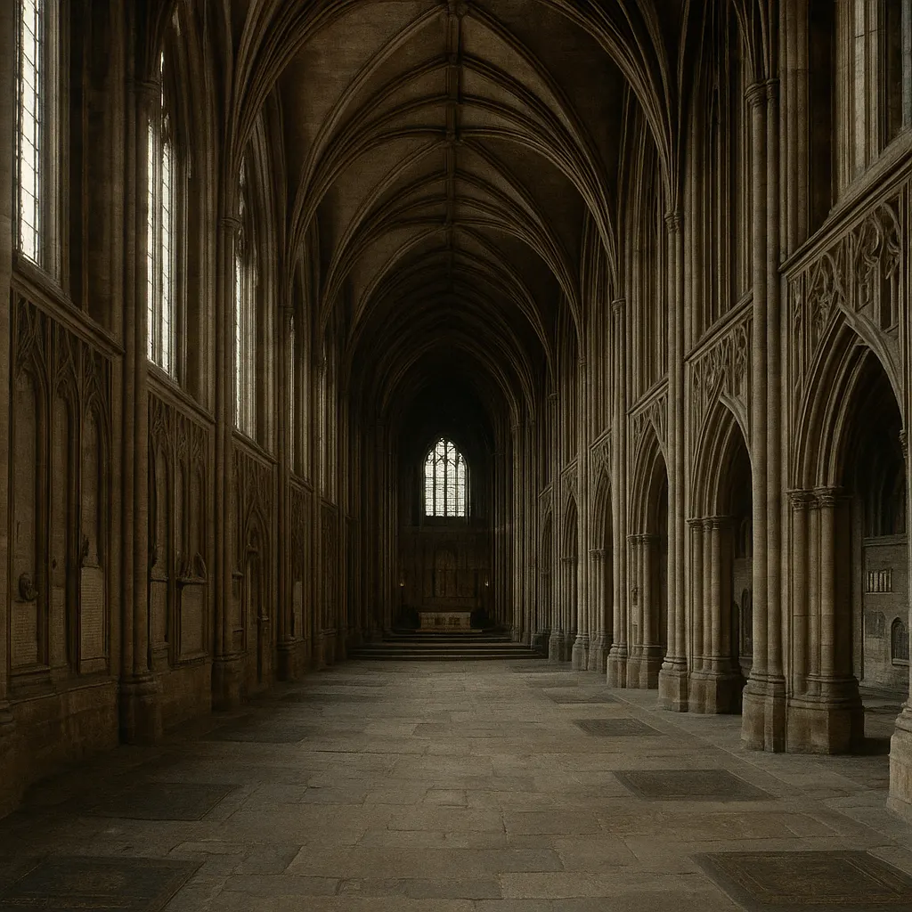 The interior of a large Gothic abbey church, view down a ribbed vault toward the altar, with pointed arches and vertical stone tracery.