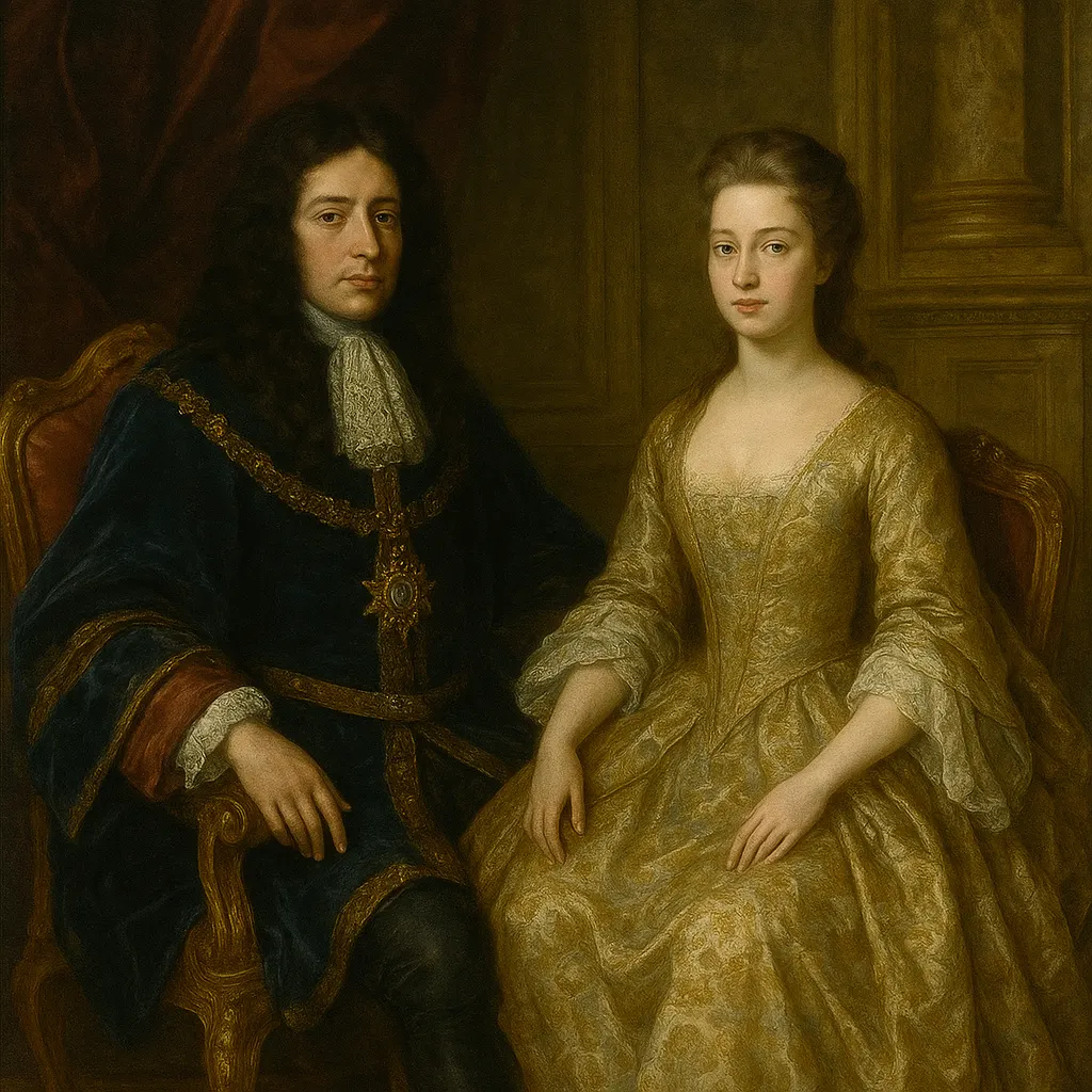 Royal portrait, oil on canvas, formal court style, late 17th century. Two sovereign figures in state dress.