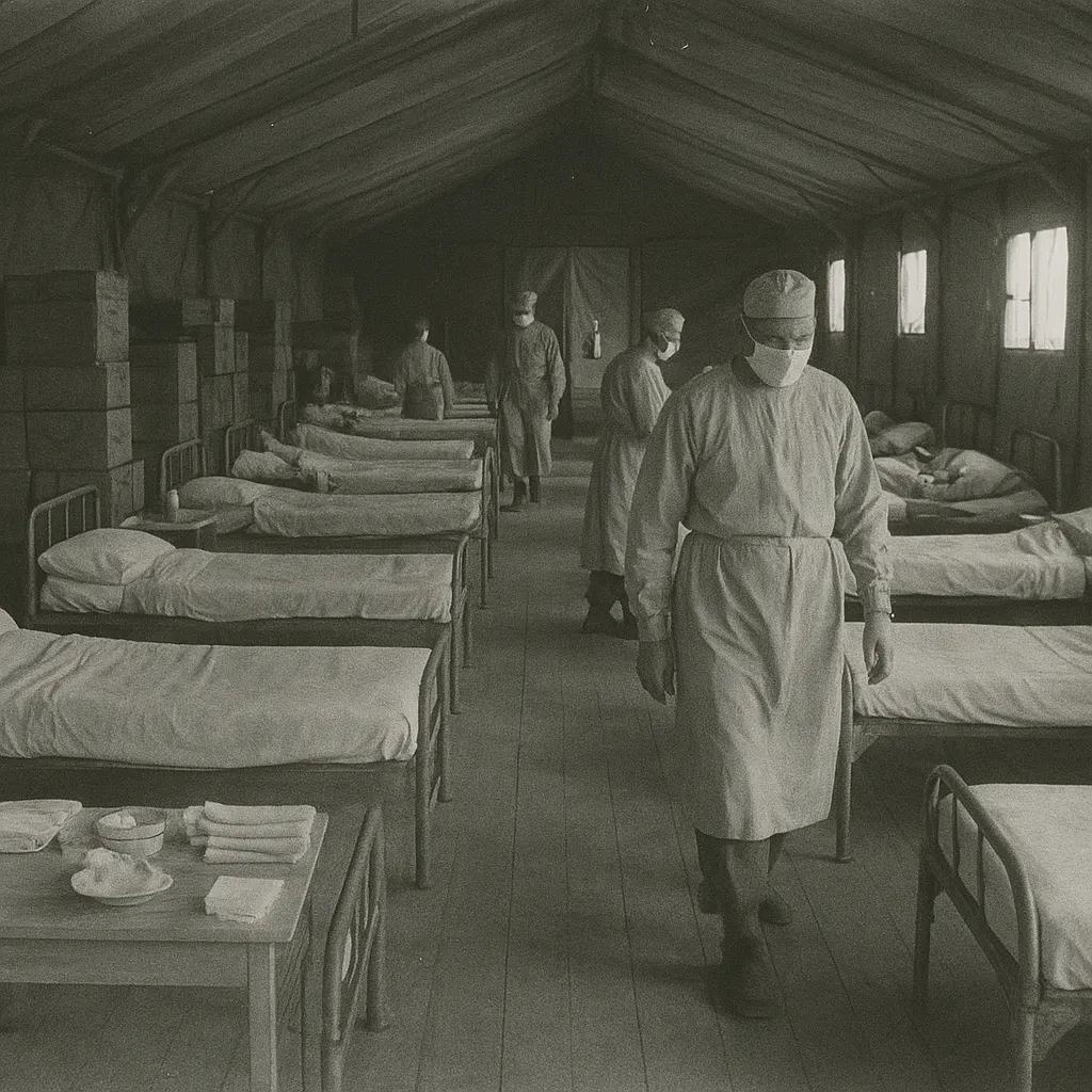 A field hospital ward with rows of beds, each surrounded by cotton dressing supplies and cloths; medical staff in gowns and masks moving between stations.