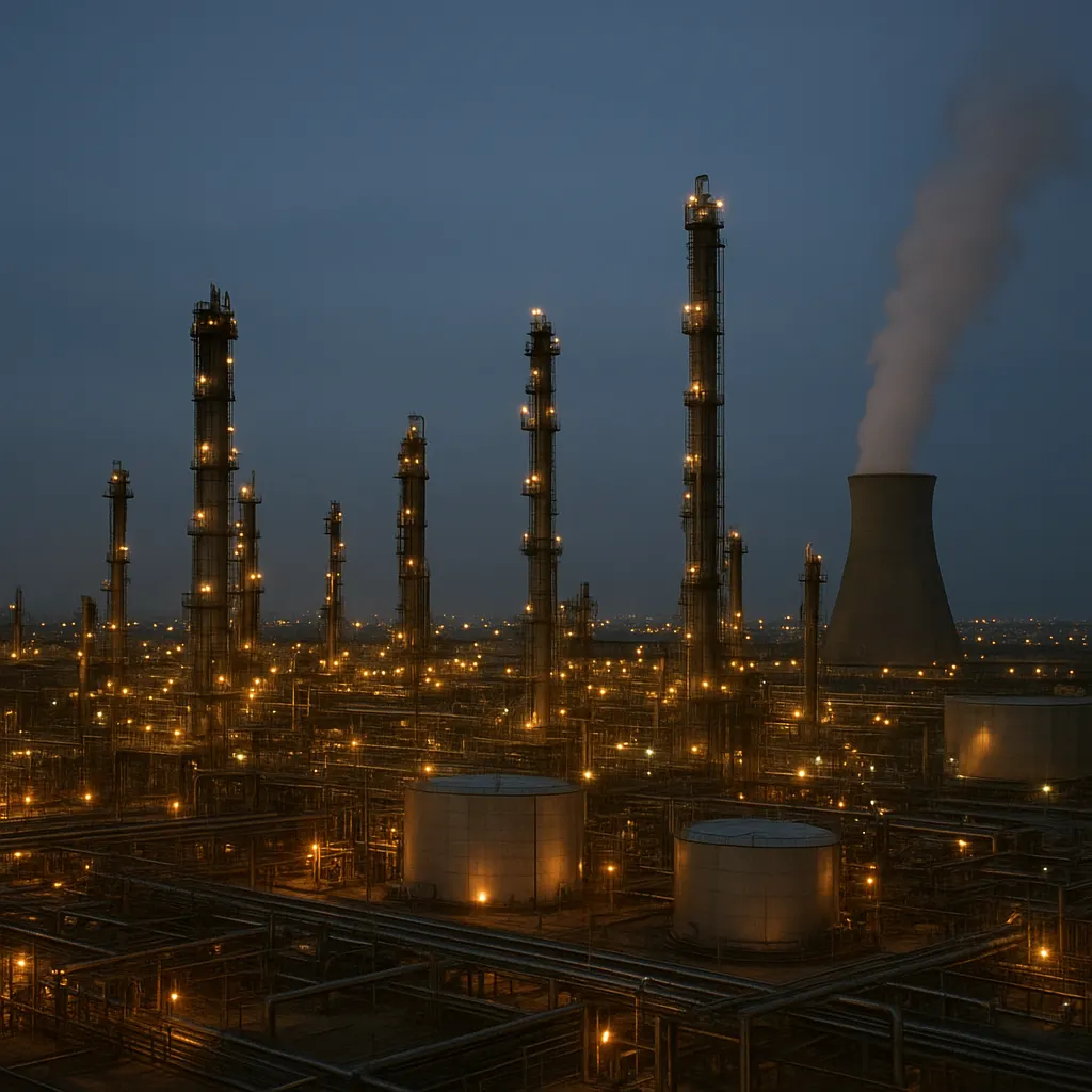 An oil refinery near Ürümqi, Xinjiang, showing the scale of petrochemical processing infrastructure developed after 1992.