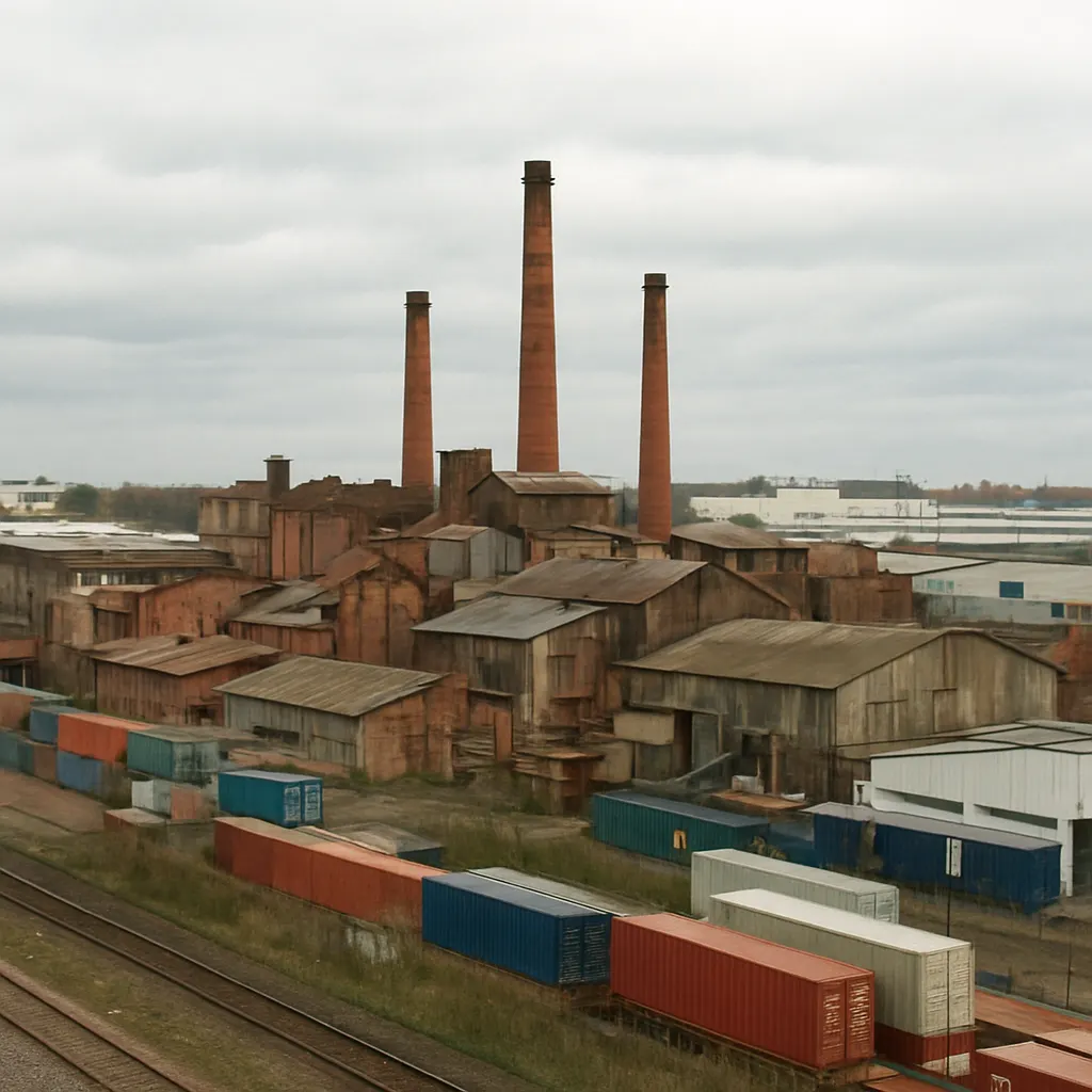 An industrial complex on the outskirts of the city, showing Soviet-era manufacturing facilities alongside post-1990s commercial development. Colour photograph, 2008.