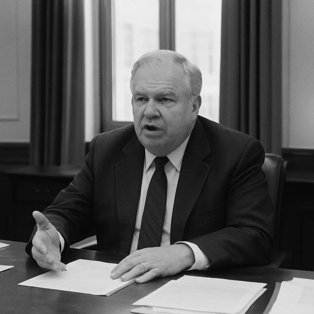 A man in a dark suit seated at a large desk in a formal office, speaking during an official meeting, 1994.