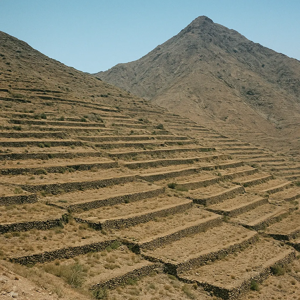 Terraced highland fields in a mountainous region, with stone walls dividing plots and arid peaks visible in the distance.