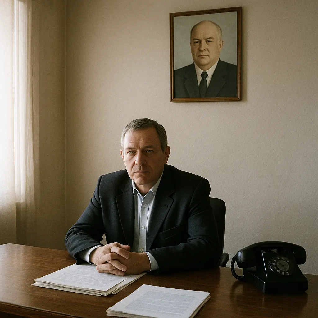 An oil administrator at his desk in Novosibirsk, 2008. Colour photograph. Artist unknown.